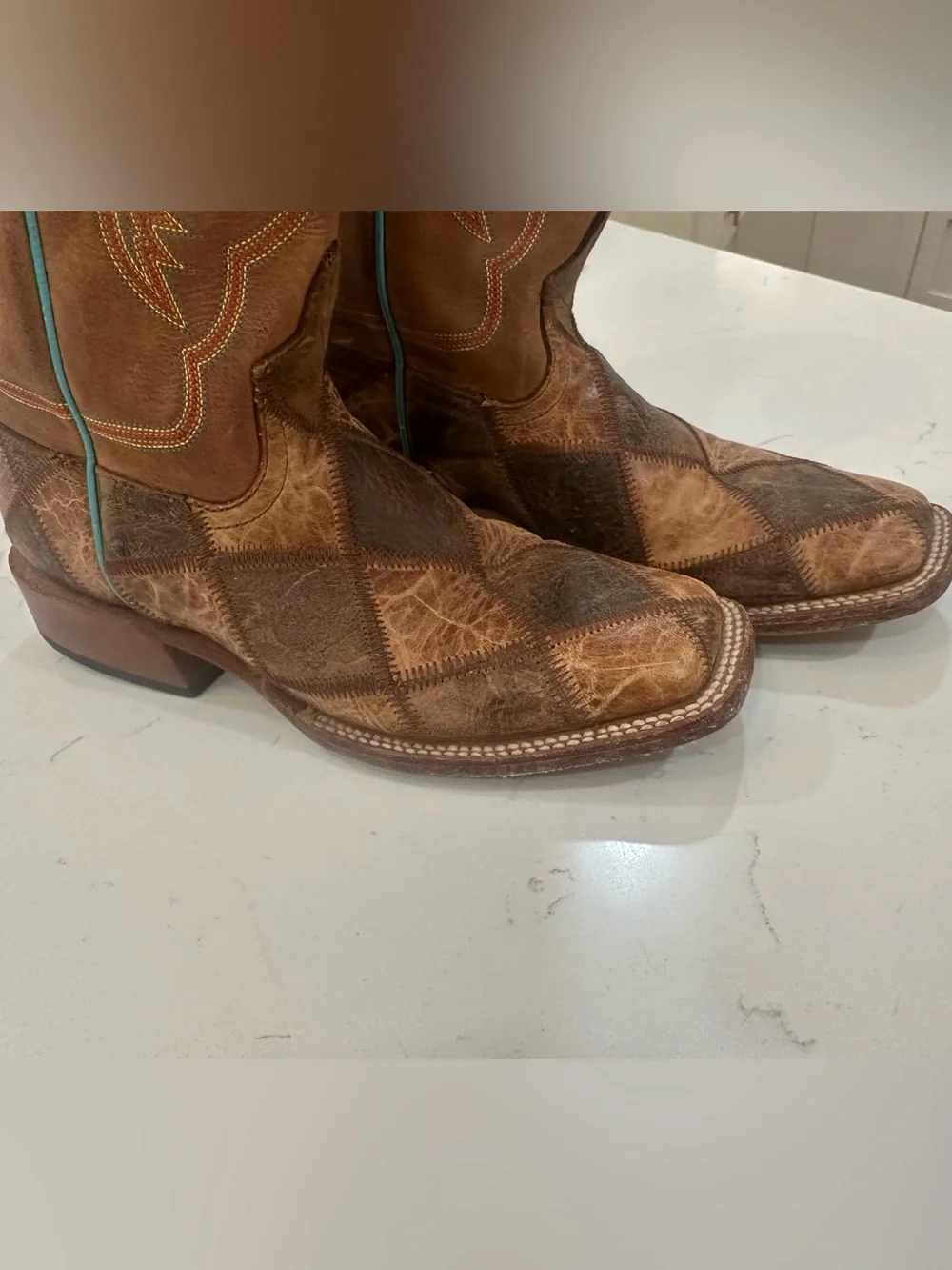 Anderson Bean Patchwork Brown Leather Cowboy Boots w Turquoise Stitching- boys 4
